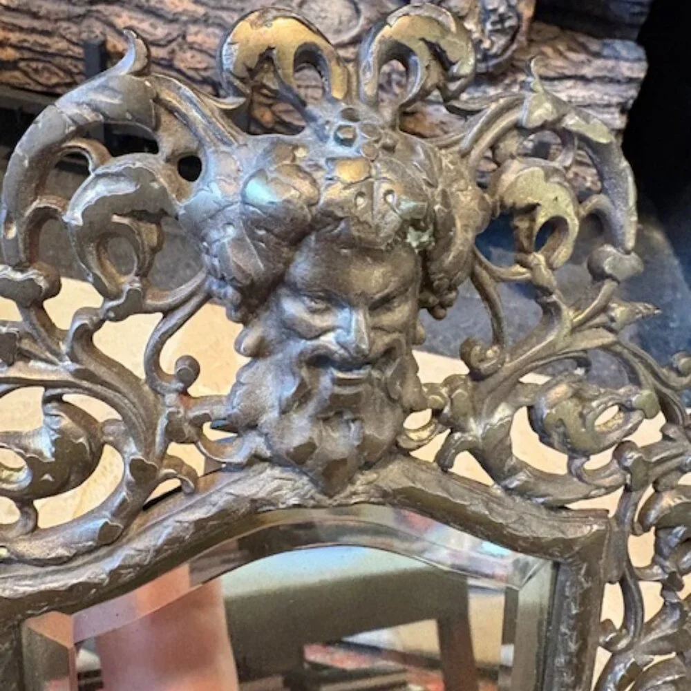 Antique 19th C. Victorian Ornate Bacchus Dionysius Brass Mirror Frame with Stand
